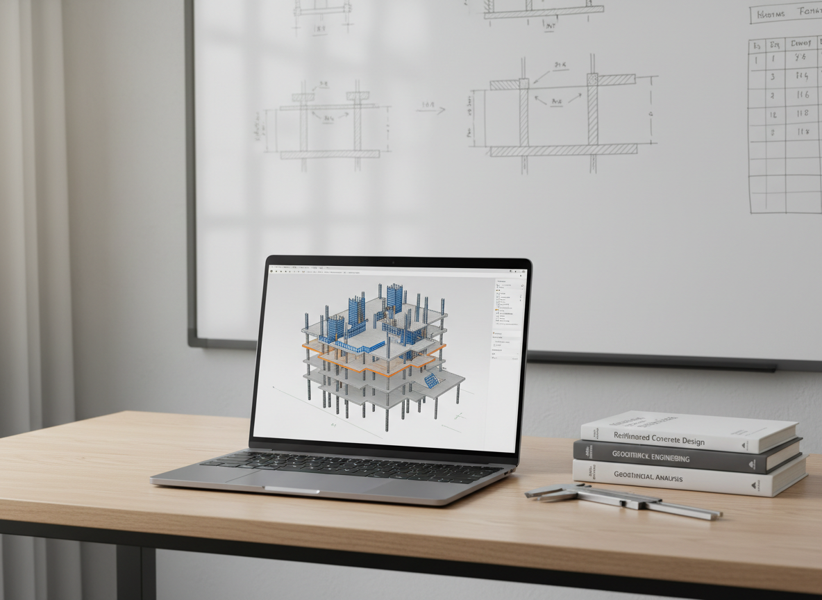 A minimalist, ultra-clean workstation featuring a slim, modern laptop displaying a detailed 3D civil engineering model of a multi-story concrete structure with foundation piles and slab reinforcements. The laptop rests on a light oak desk with a subtle grain, beside a neatly stacked set of engineering textbooks and a single metal caliper. Behind, a large, wall-mounted whiteboard shows faintly sketched structural diagrams and column schedules. Soft, indirect natural light filters in from the left, producing gentle gradients across the screen and desk, with no harsh shadows. Shot in photographic realism from a slightly elevated angle with a shallow depth of field, the composition is uncluttered and balanced, evoking a precise, organized, and forward-thinking professional workspace dedicated to civil and structural design.