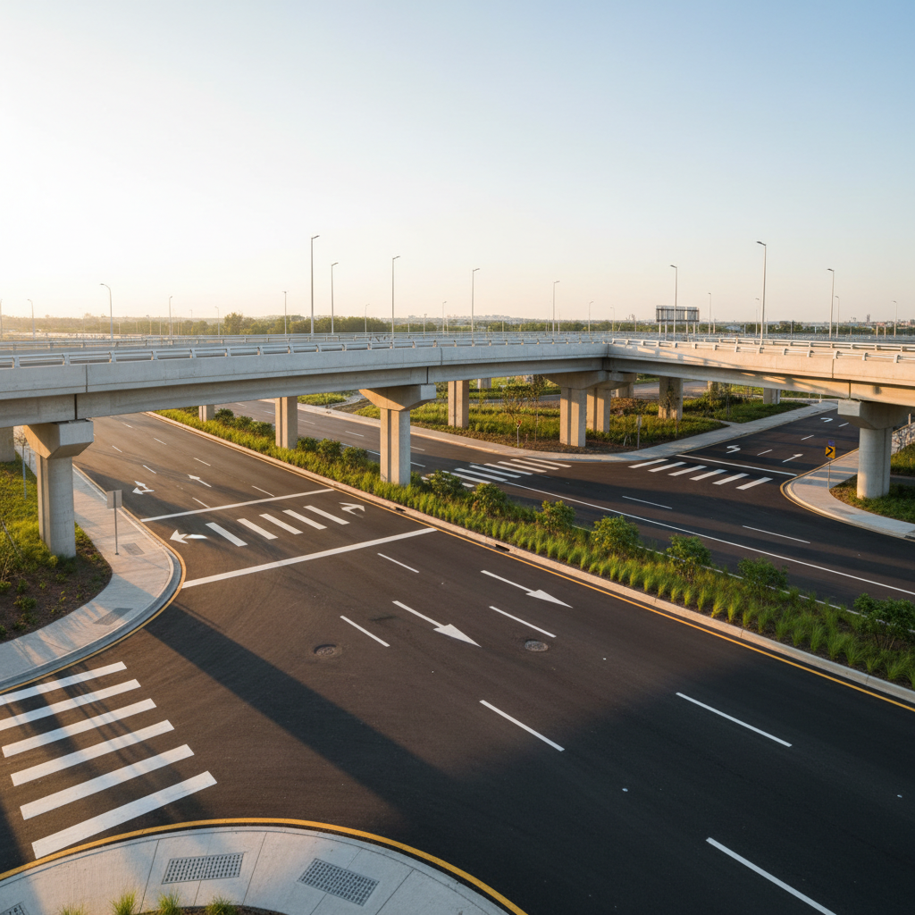 An expansive, modern urban infrastructure scene showcasing a newly completed reinforced concrete overpass intersecting a wide, freshly paved arterial road. The roadway markings are crisp white and yellow, with neatly aligned barriers and drainage grates along the edges. Surrounding the intersection are landscaped medians with low shrubs and clean concrete curbs. Captured in photographic realism from a slightly elevated vantage point, the golden hour sunlight casts warm, directional light that highlights textures in the concrete and asphalt while creating long, orderly shadows. The sky is clear and pale blue, contributing to a calm, confident, and forward-looking atmosphere. The composition is balanced and wide, with sharp focus throughout, emphasizing order, safety, and the tangible results of professional civil engineering.