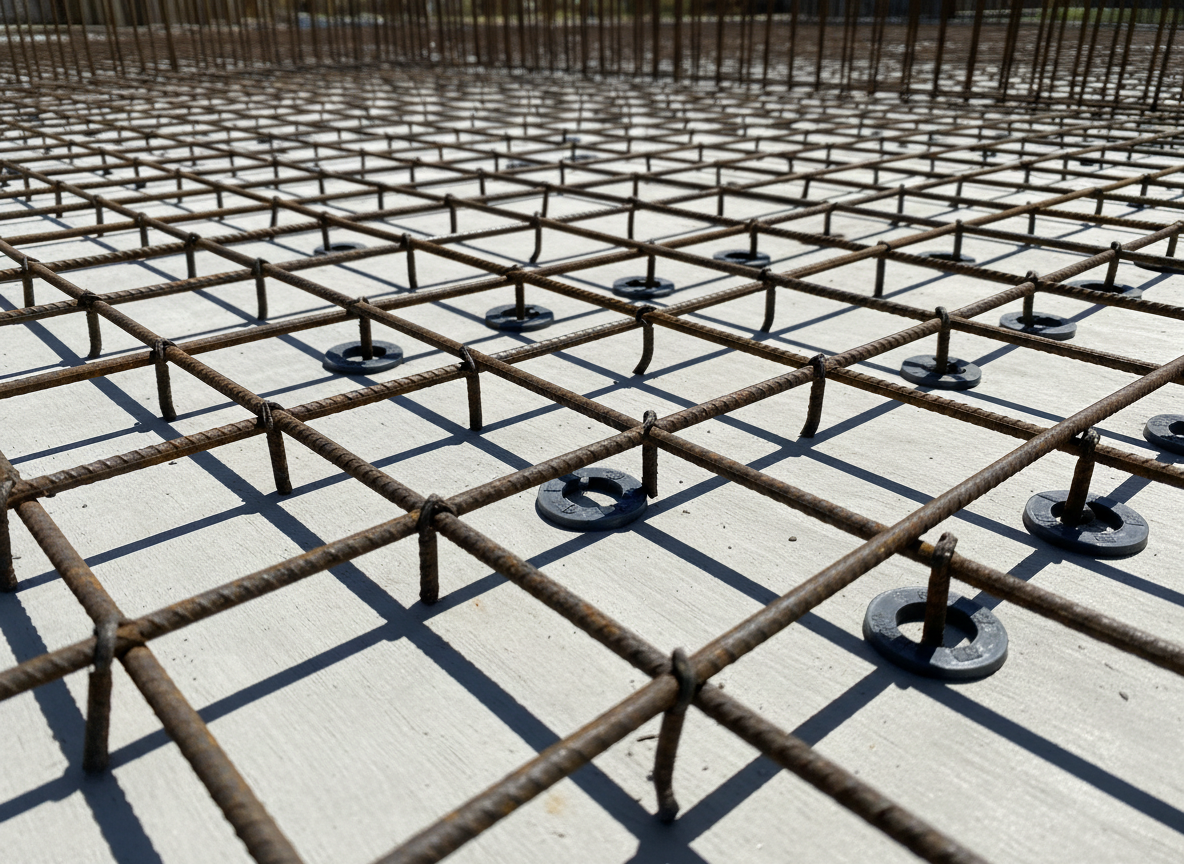 A detailed close-up of a reinforced concrete slab under construction, photographed in crisp, photographic realism from a low, diagonal angle. Rust-toned steel rebar grids intersect in perfectly spaced intervals, held by small, dark plastic spacers above a clean, light-gray formwork surface. Bright, clear midday sunlight accentuates the metallic sheen of the bars, casting a complex lattice of sharp, geometric shadows across the formwork. In the softly blurred background, additional rows of reinforcement extend into the distance, emphasizing scale and repetition. The composition follows strong leading lines that draw the eye through the frame, creating a dynamic yet orderly mood that underscores precision, planning, and the tangible, on-site realities of civil engineering practice.