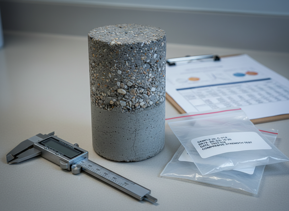 A close-up, photographic realism shot of a polished concrete core sample standing upright on a smooth, neutral-toned lab countertop. The cylindrical sample reveals aggregate of various sizes embedded in a fine gray cement matrix, with subtle cracks and textures clearly visible. Surrounding the sample are neatly arranged testing tools: a stainless-steel caliper partially extended, labeled specimen bags, and a clipboard with printed test data slightly out of focus. Cool, even laboratory lighting from overhead panels creates minimal glare and clean, precise shadows, reinforcing a clinical, highly controlled atmosphere. Captured at eye level with a shallow depth of field, the composition centers the core sample, projecting a meticulous, analytical, and professional mood suitable for a civil engineering portfolio focused on materials and quality control.
