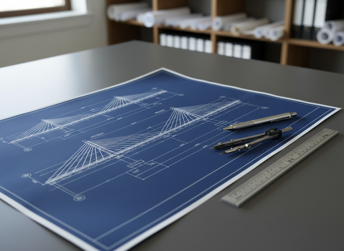 A sleek, large-format engineering blueprint spread across a clean, dark gray drafting table, showing a detailed multi-span bridge plan with crisp white lines on deep blue paper. A precision metal scale ruler, mechanical pencil, and a stainless-steel compass rest neatly along the margins. Cool, diffused daylight from an unseen window grazes the surface, creating soft reflections on the metal tools and gentle shadows along the paper’s edges. Captured in photographic realism from a slightly elevated, three-quarter angle, the composition follows the rule of thirds, with the bridge elevation in sharp focus and the background of blurred shelving with rolled drawings. The mood is professional, focused, and methodical, conveying technical excellence and meticulous civil engineering design.